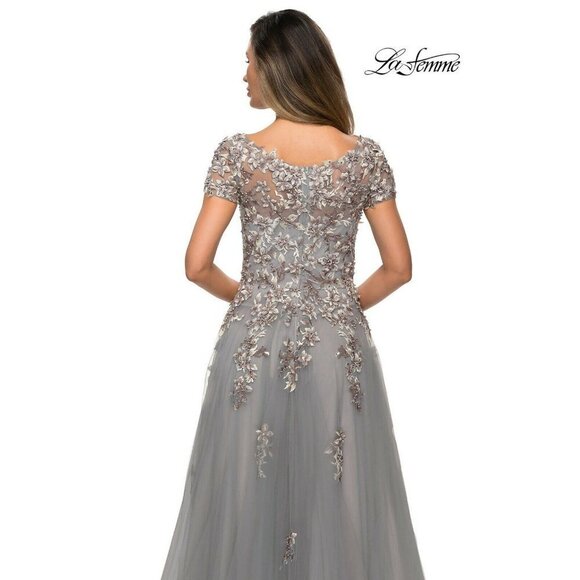 La Femme Gray Embroidered & Beaded Ballgown Floral Chiffon Dress - Picture 2 of 8